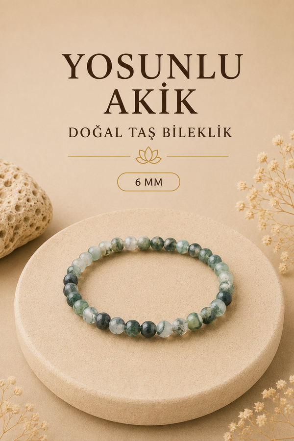 Sertifikalı Yosunlu Akik Doğal Taş Bileklik 6 Mm - B855