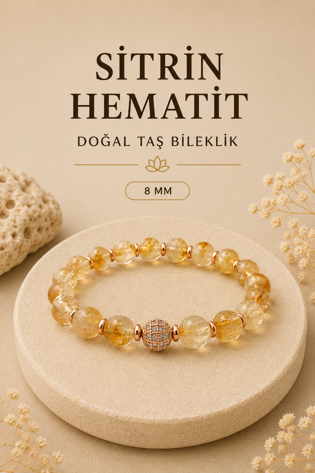 Sitrin - Hematit Doğal Taş Bileklik Zirkon Aparatlı 8 mm