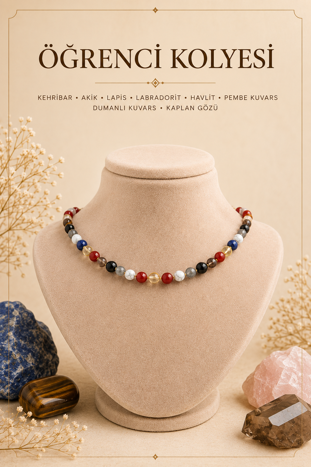 Öğrenci Kolyesi Kehribar-akik-lapis-labradorit-havlit-pembe Kuvars-dumanlı Kuvars-kaplan Gözü