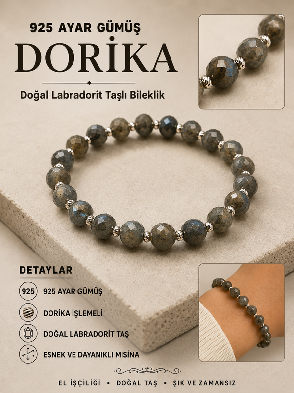 925 Ayar Gümüş Dorika İşlemeli Doğal Labradorit Taşlı Bileklik