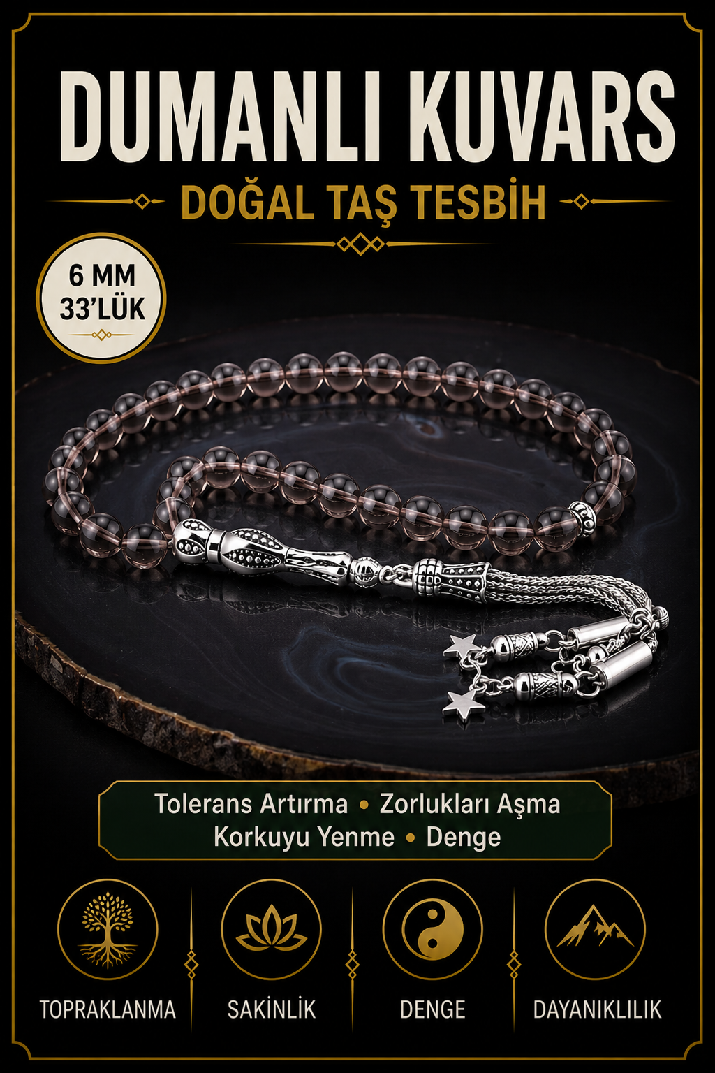 Sertifikalı Dumanlı Kuvars Doğal Taş Tesbih T174