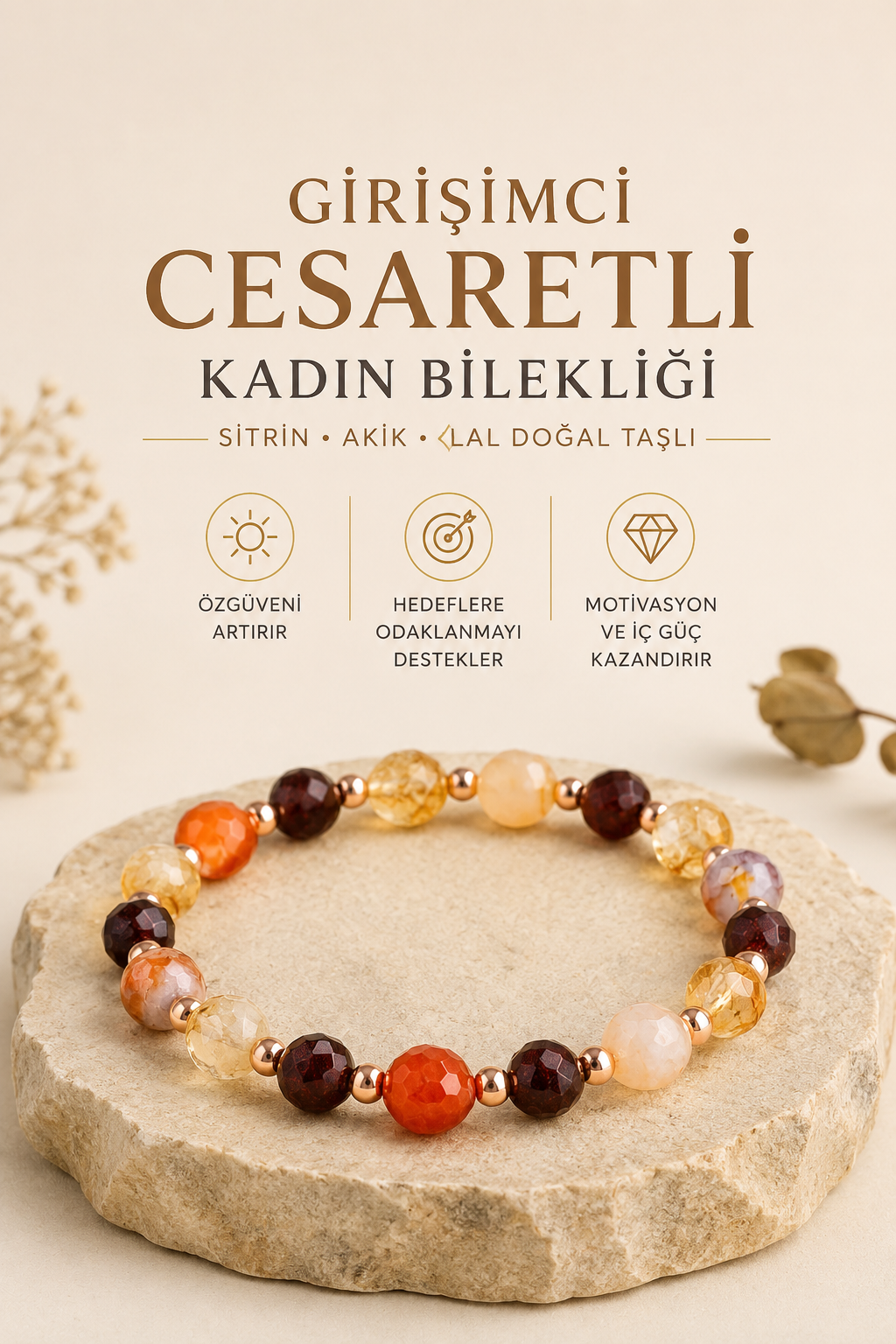 Girişimci Cesaretli Kadın Bilekliği Sitrin Akik Lal Doğal Taşlı