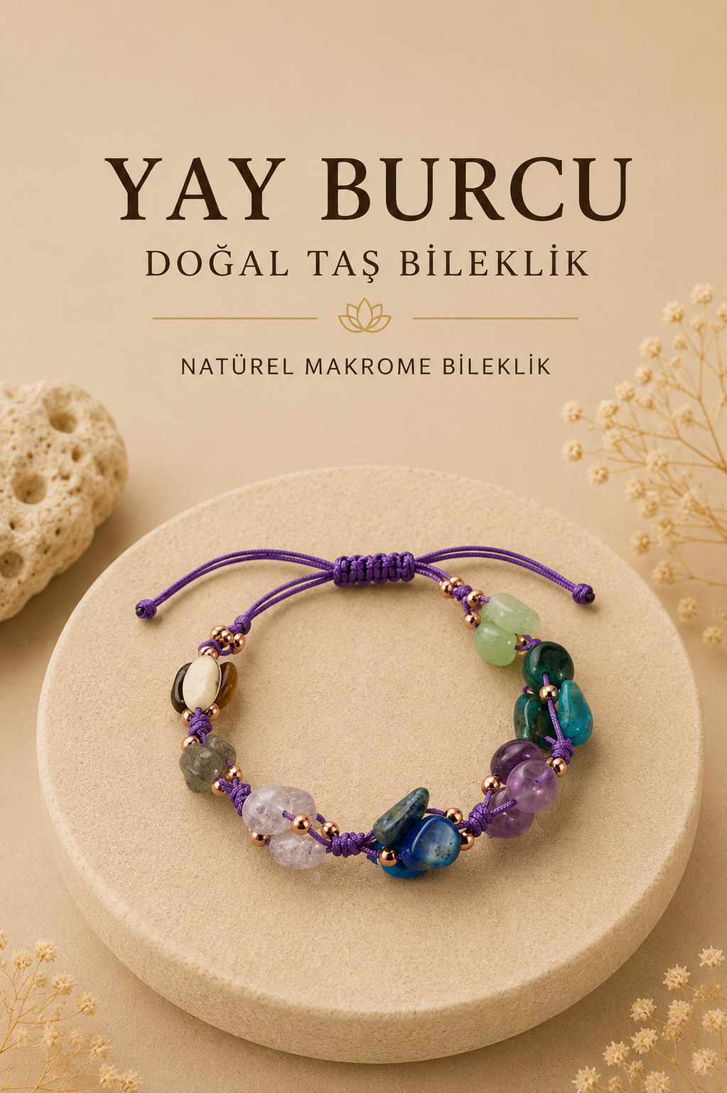 Yay Burcu Doğal Taş Natürel Makrome Bileklik