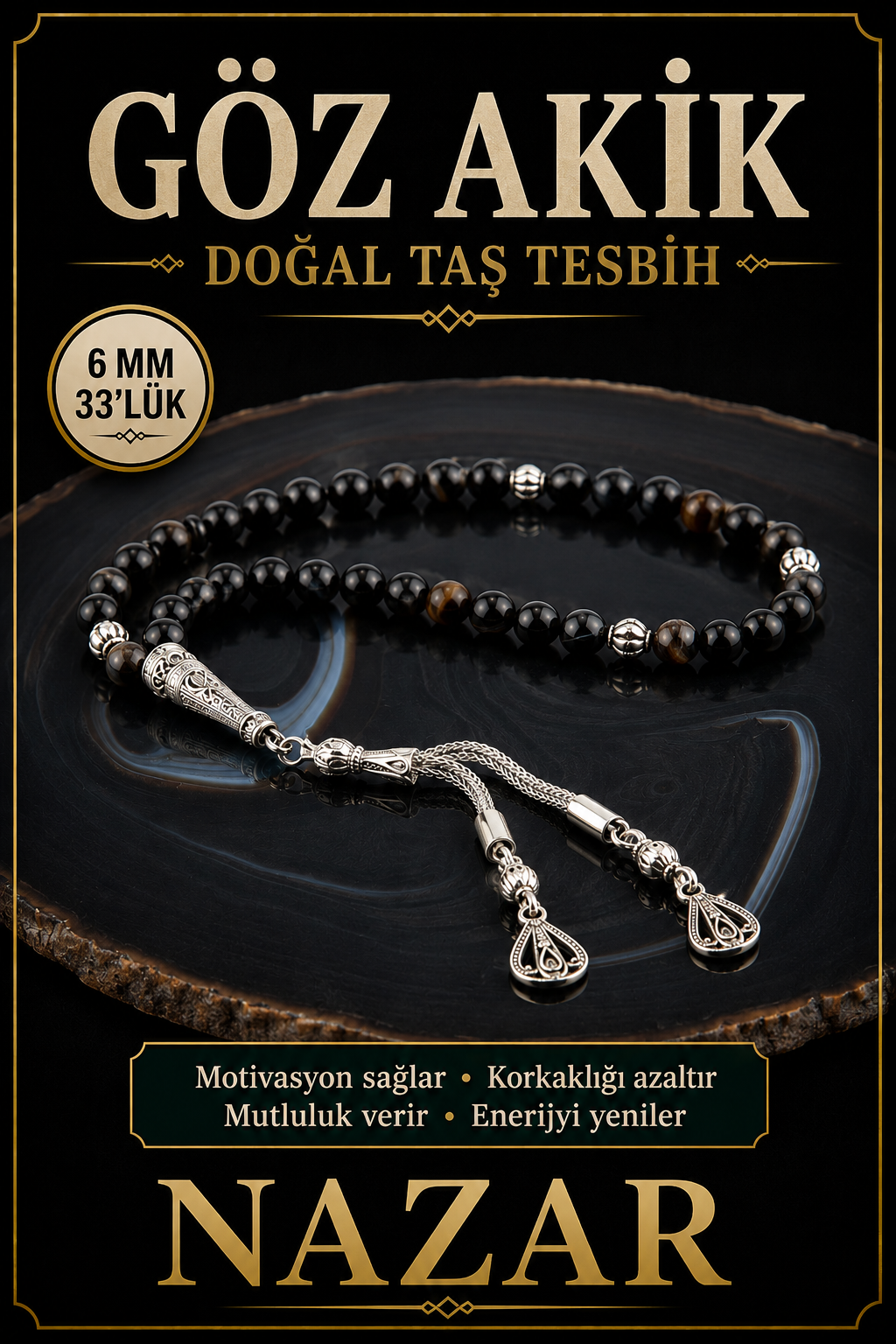 Sertifikalı Göz Akik Doğal Taş Tesbih 6 Mm, T200