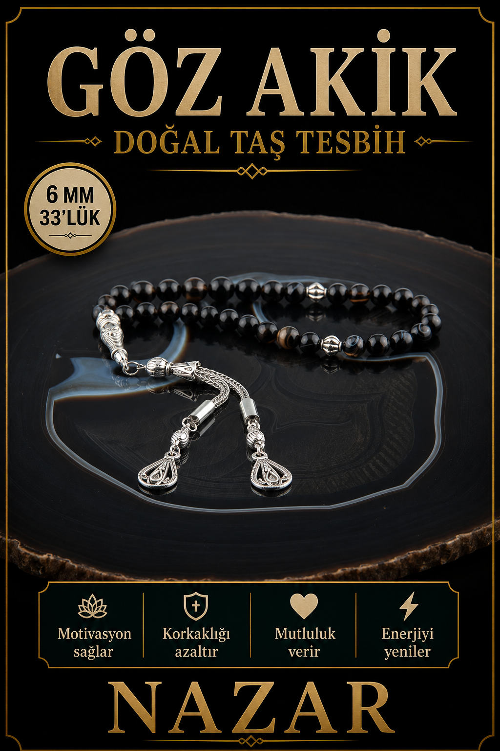 Sertifikalı Göz Akik Doğal Taş Tesbih 6 Mm, T200