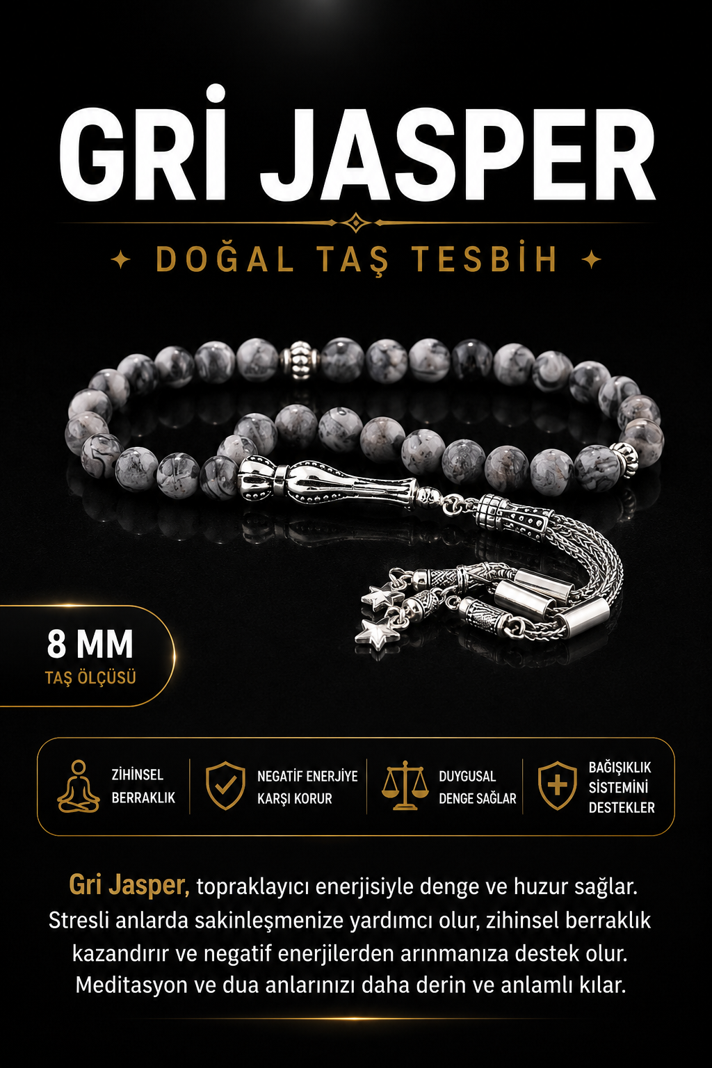 Sertifikalı Gri Jasper Doğal Taş Tesbih T176