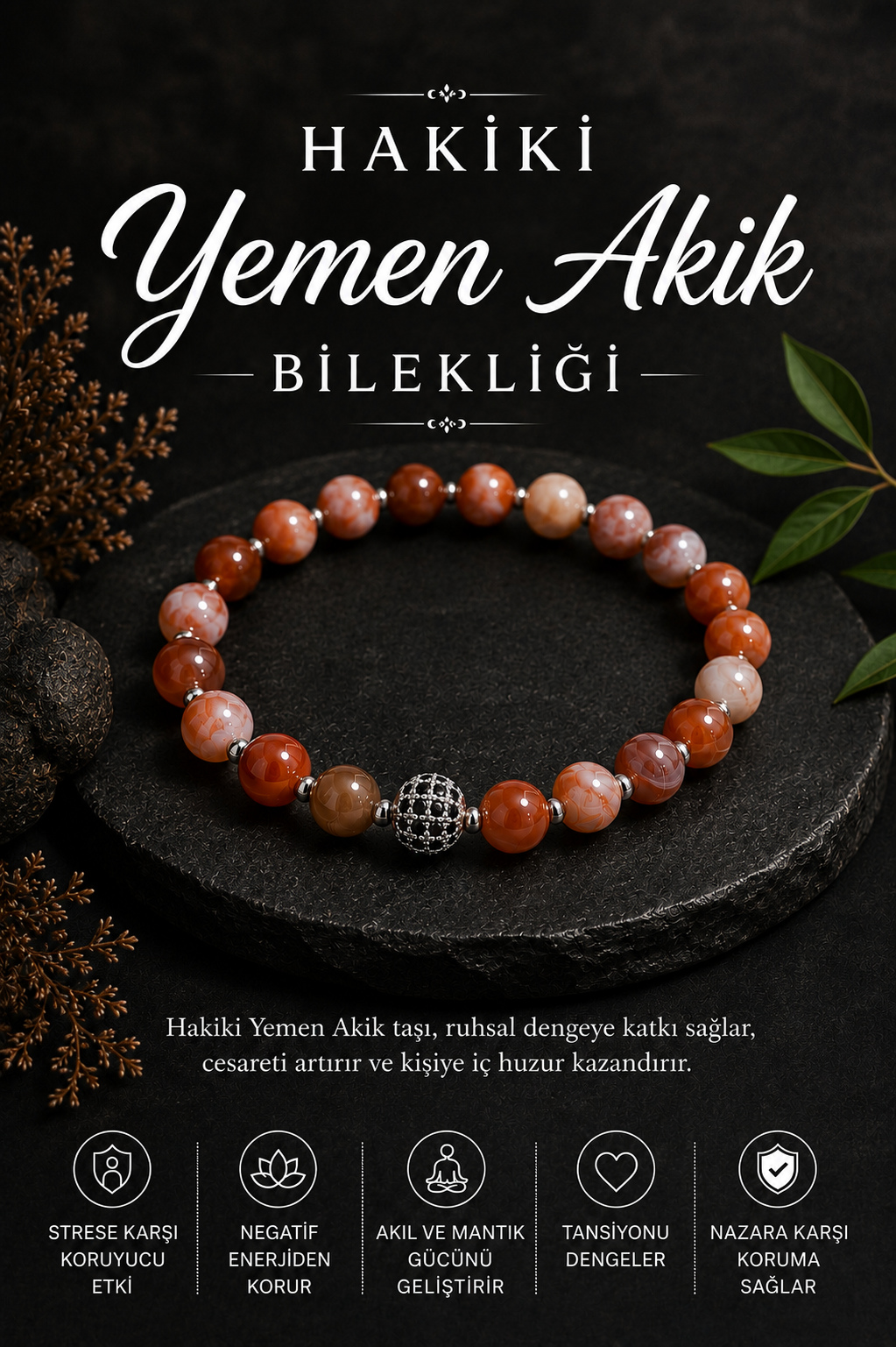 Sertifikalı Hakiki Yemen Akik Doğaltaş Bileklik-8mm B203