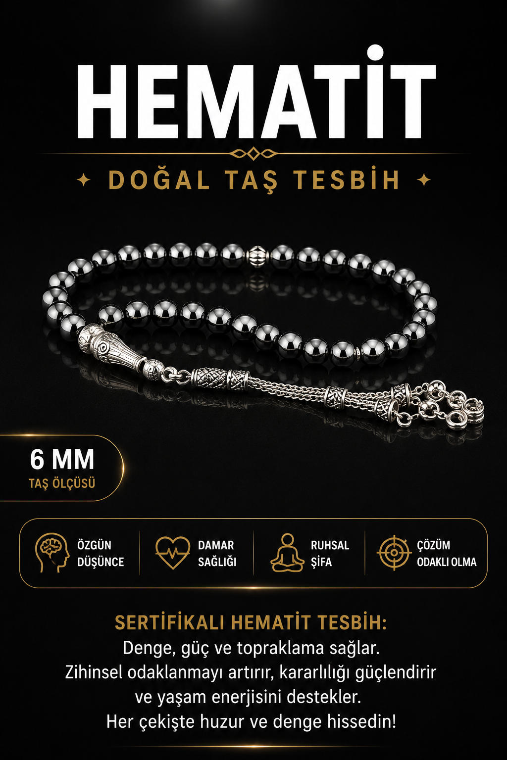 Sertifikalı Hematit Doğal Taş Tesbih 6 Mm, T192