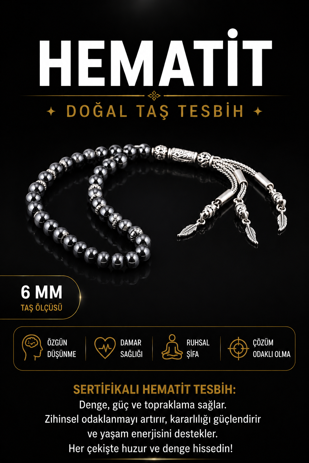 Sertifikalı Hematit Doğal Taş Tesbih T186