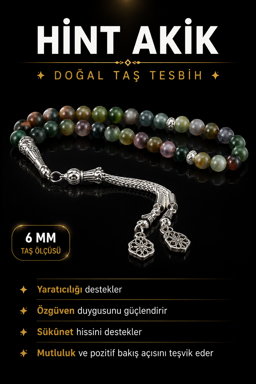 Sertifikalı Hint Akik Doğaltaş Tesbih 6 mm T207