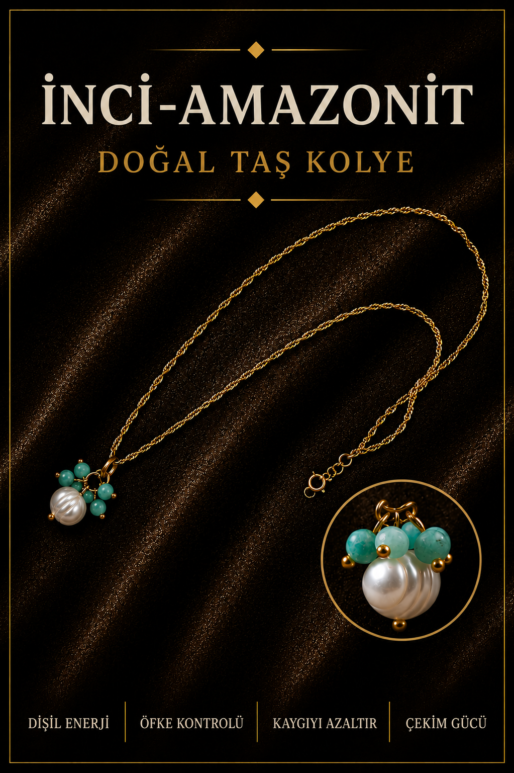 İnci- Amazonit Doğal Taş Gümüş Kolye