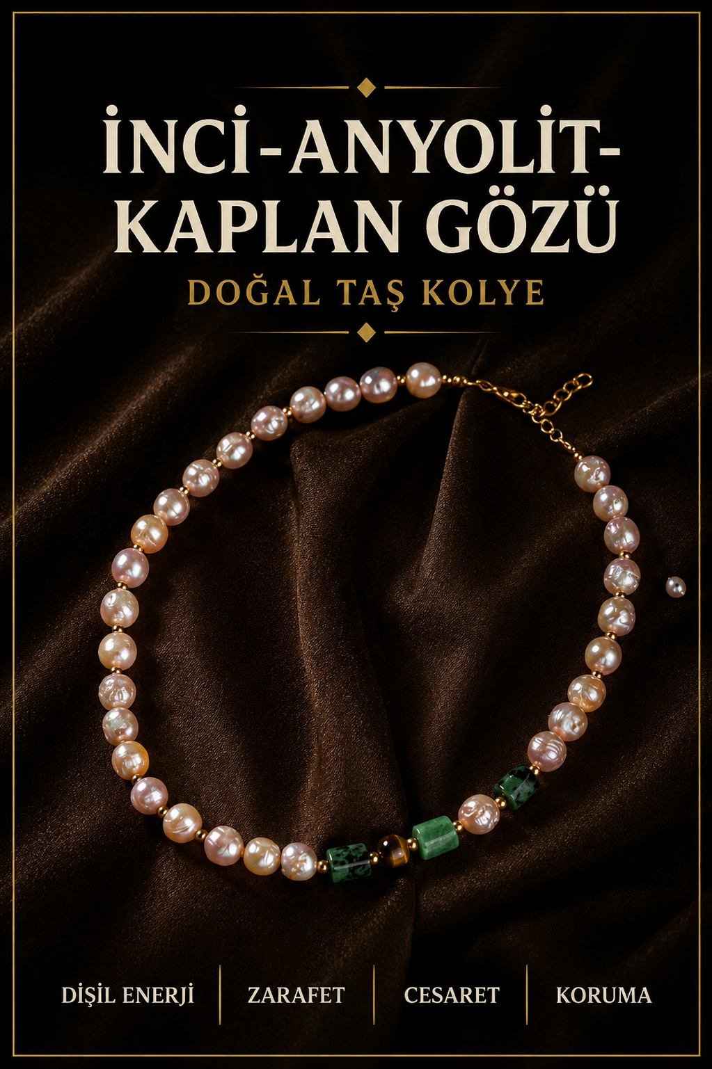 İnci-Anyolit-Kaplan Gözü Doğal Taş Gümüş Kolye