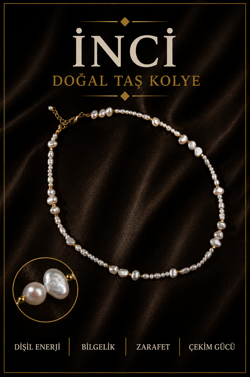 İnci Gümüş Kapama Doğal Taş Kolye