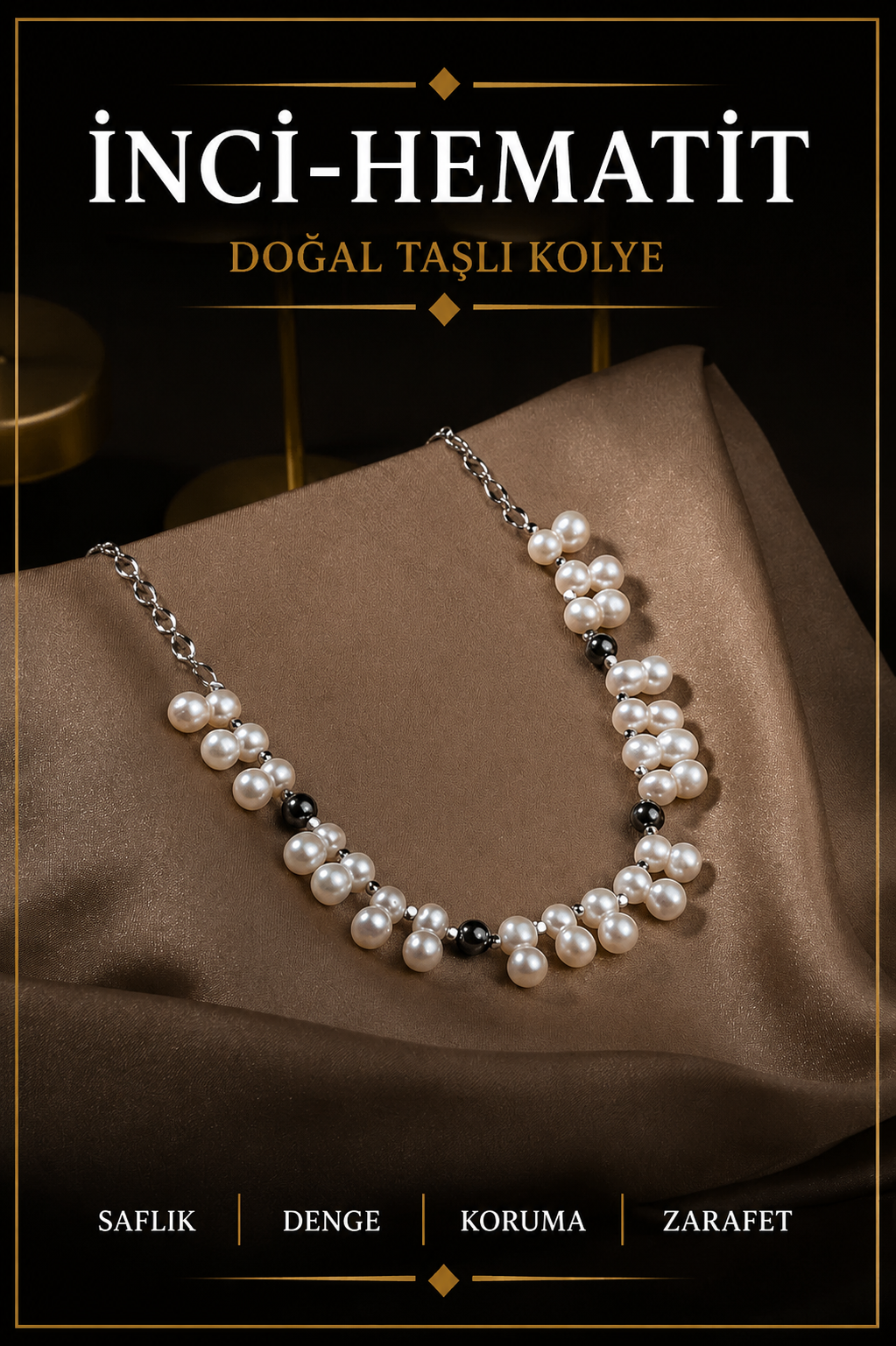 Ikili Taş Inci-hematit Doğal Taş Zincir Gümüş Kapama Kolye (3cm Uzatma Ile Birlikte)