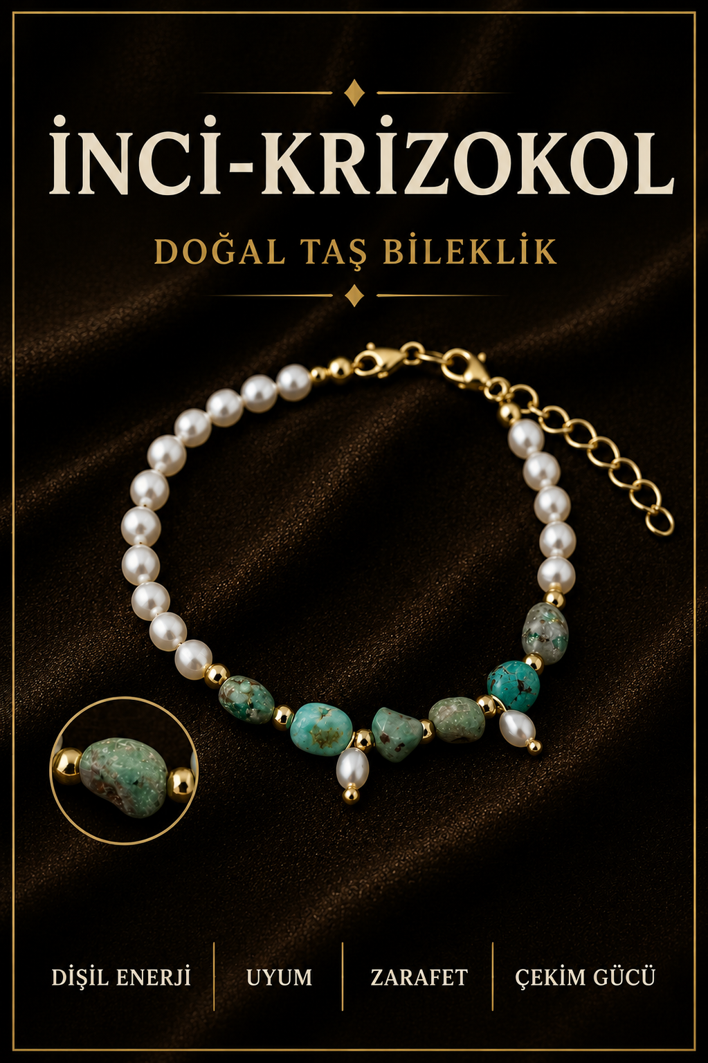 İnci-Krizokol Doğal Taş Gümüş Kapama Bileklik