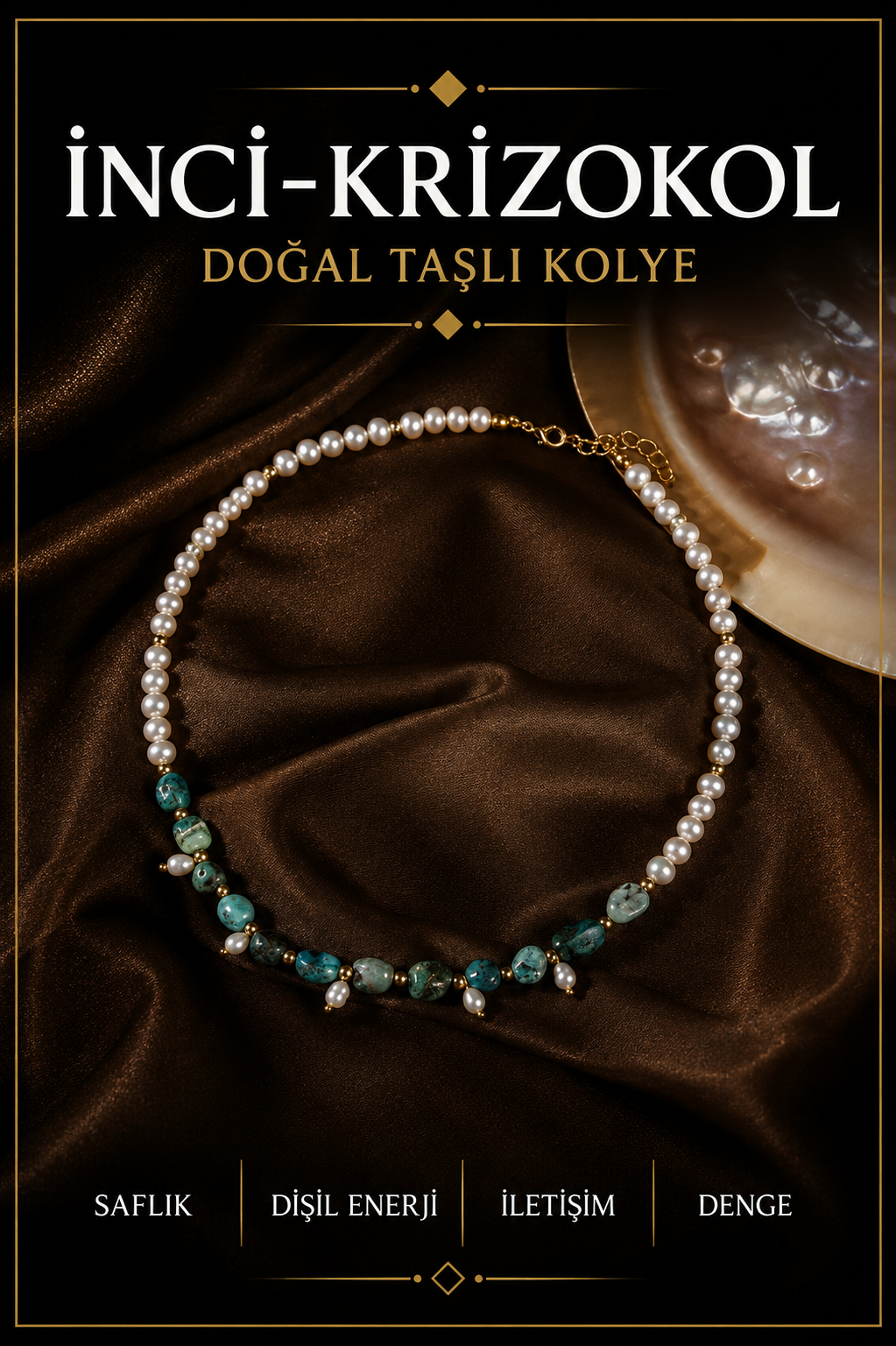 İnci-Krizokol Doğal Taş Gümüş Kapama Kolye