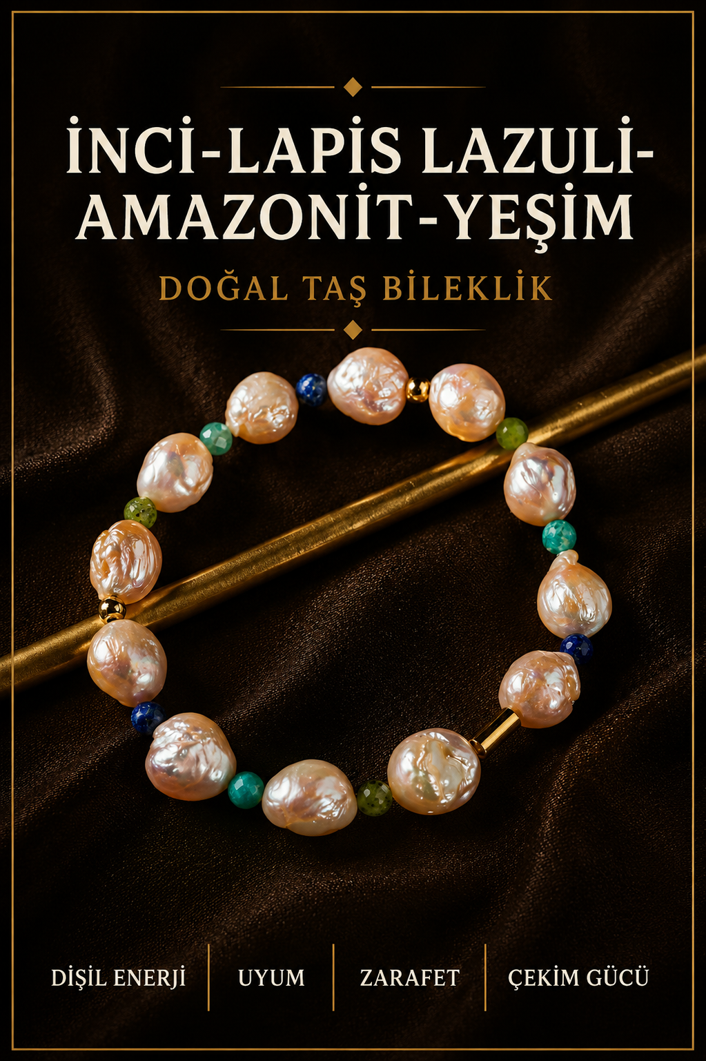 İnci - Lapis Lazuli-Amazonit-Yeşim Doğal Taş Gümüş Bileklik