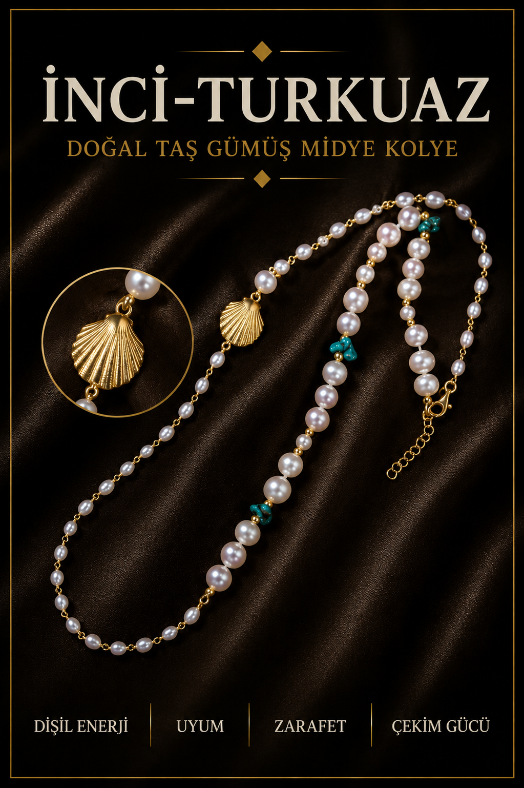 İnci-Turkuaz Doğal Taş Gümüş Midye Kolye