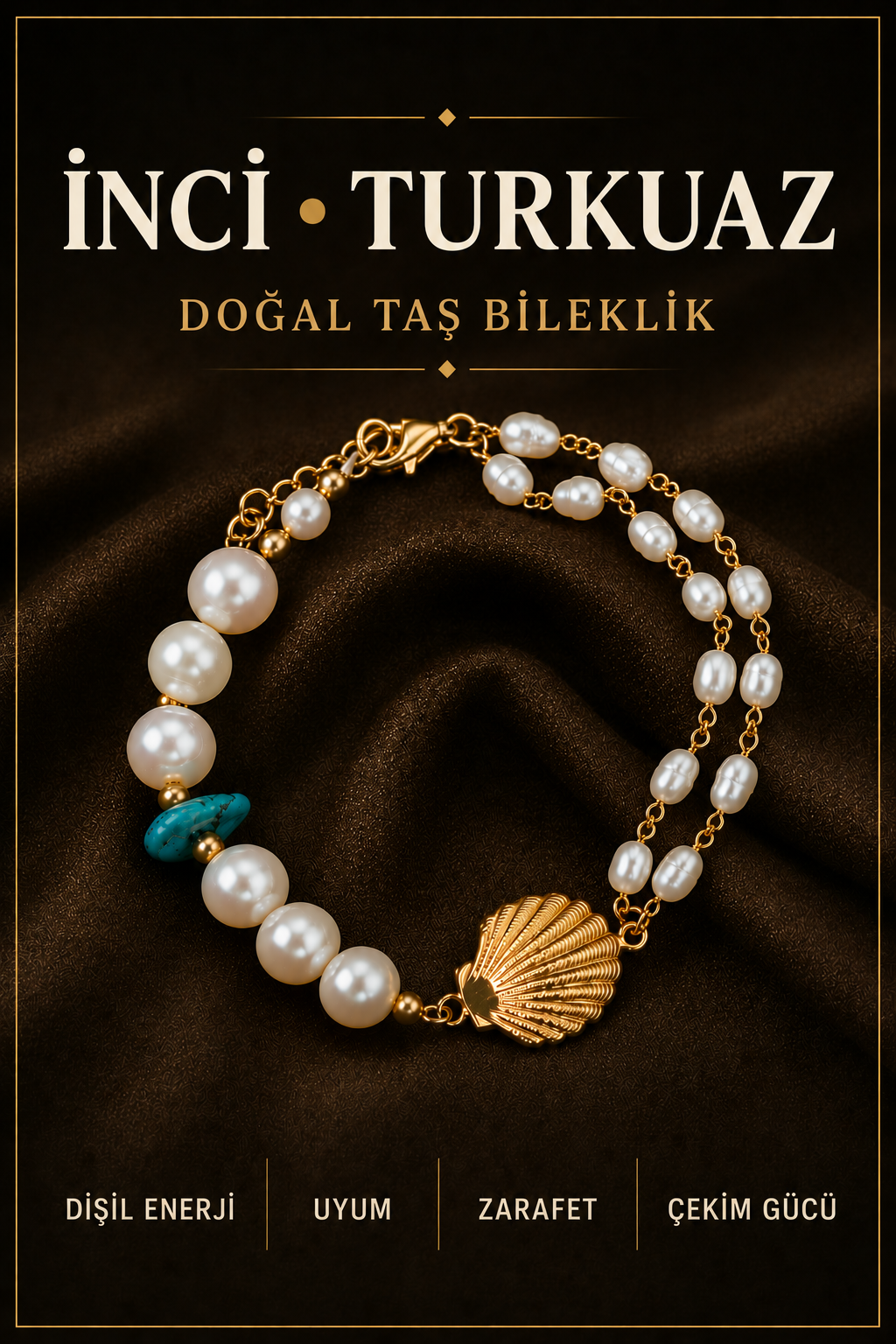 İnci-Turkuaz Doğal Taş Gümüş Midye Bileklik
