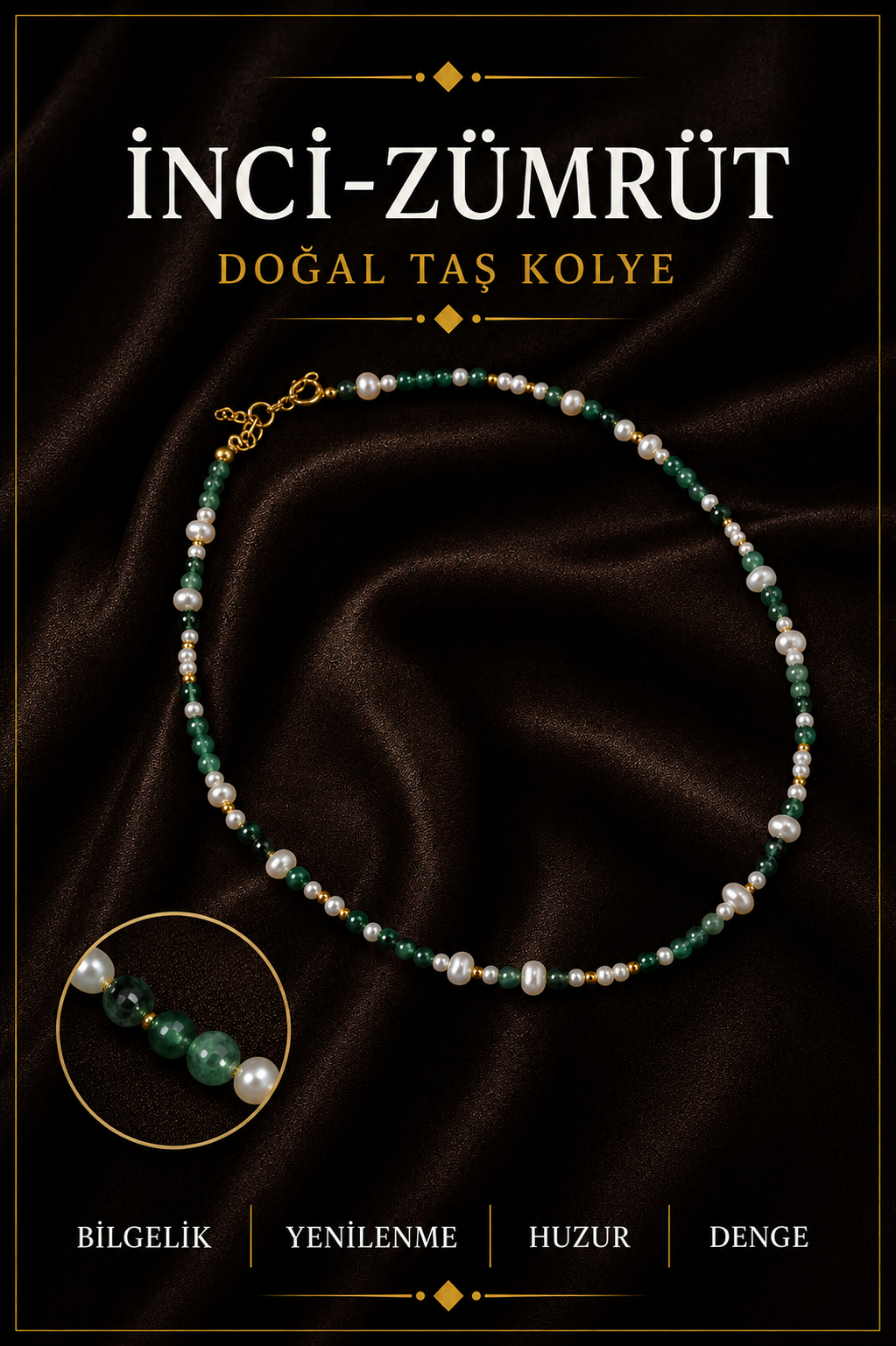 Inci-zümrüt Doğal Taş Gümüş Kapama Kolye (3CM UZATMA İLE BİRLİKTE)