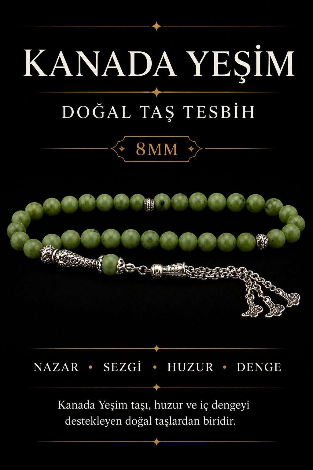 Sertifikalı Kanada Yeşim Doğal Taş Tesbih 8mm