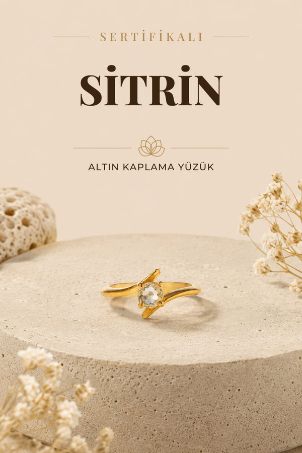 SERTİFİKALI Sitrin Doğal Taş Gümüş Altın Kaplama Yüzük