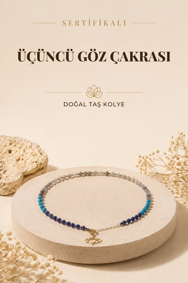 SERTİFİKALI Lapis Lazuli-Apatit-Labradorit-İyolit Doğal Taş Üçüncü Göz Çakra Kolye ODT232