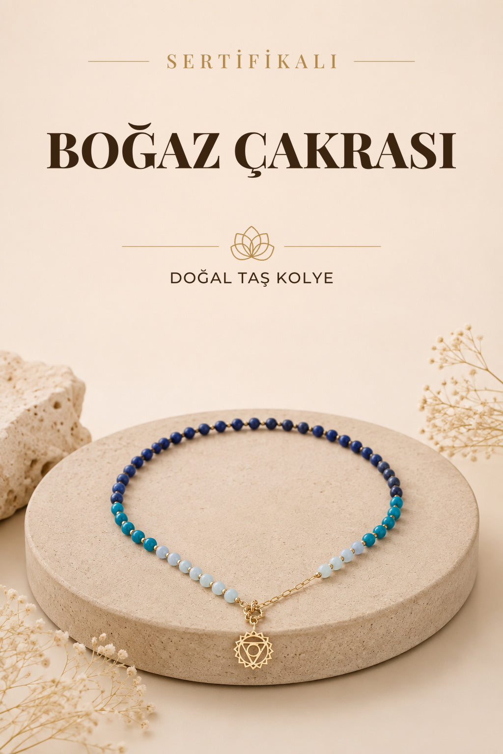 SERTİFİKALI Lapis Lazuli-Sodalit-Akuamarin-Kalsedon-Apatit Doğal Taş Boğaz Çakra Kolye ODT231