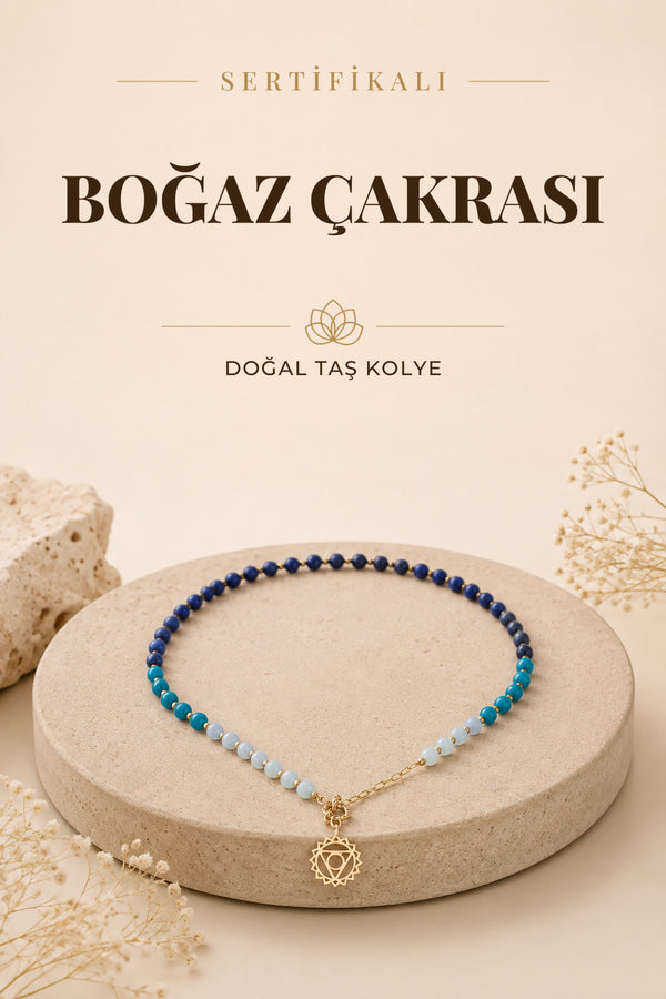 SERTİFİKALI Lapis Lazuli-Sodalit-Akuamarin-Kalsedon-Apatit Doğal Taş Boğaz Çakra Kolye ODT231