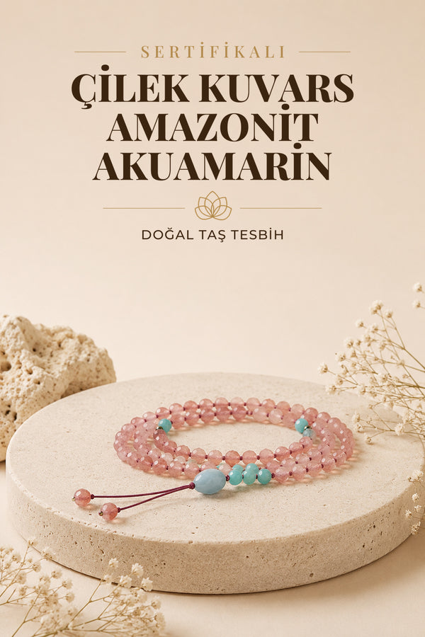 SERTİFİKALI Çilek Kuvars-Amazonit-Akuamarin Doğal Taş Tesbih Kolye ODT228