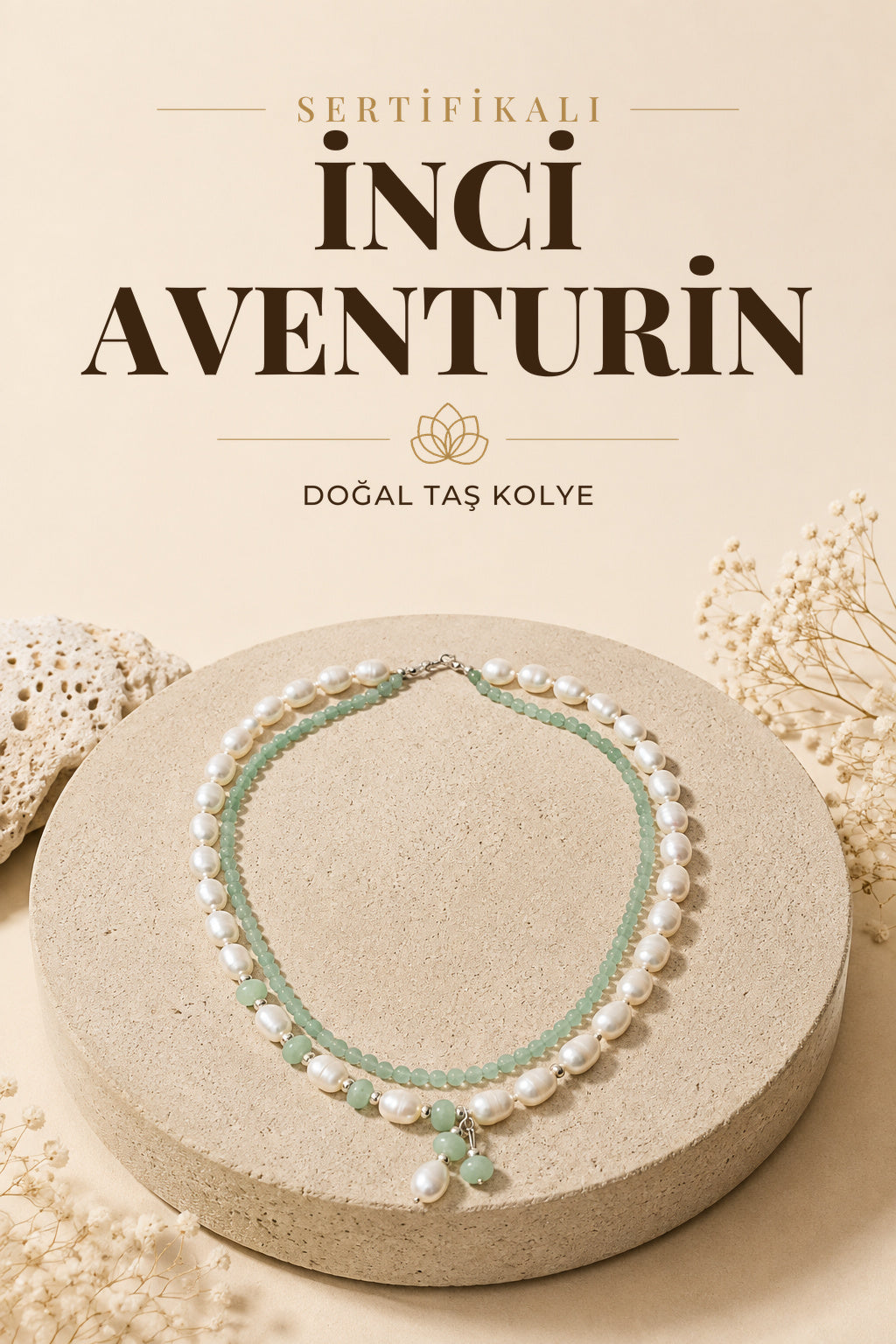 SERTİFİKALI İnci-Aventurin Doğal Taş İkili Kolye ODT227