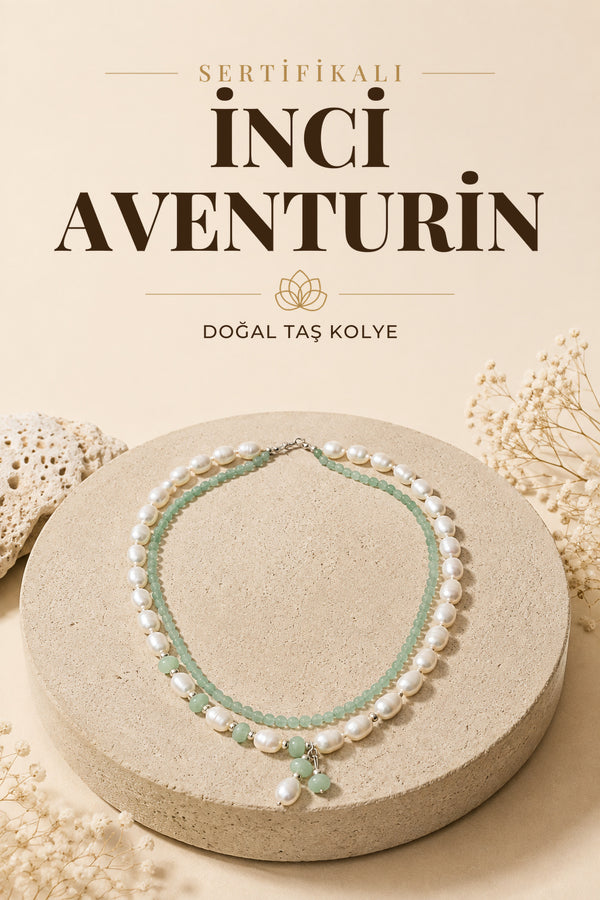SERTİFİKALI İnci-Aventurin Doğal Taş İkili Kolye ODT227