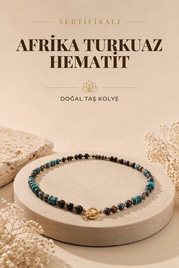 SERTİFİKALI Afrika Turkuaz-Hematit Doğal Taş Gümüş Aparatlı Kolye ODT226