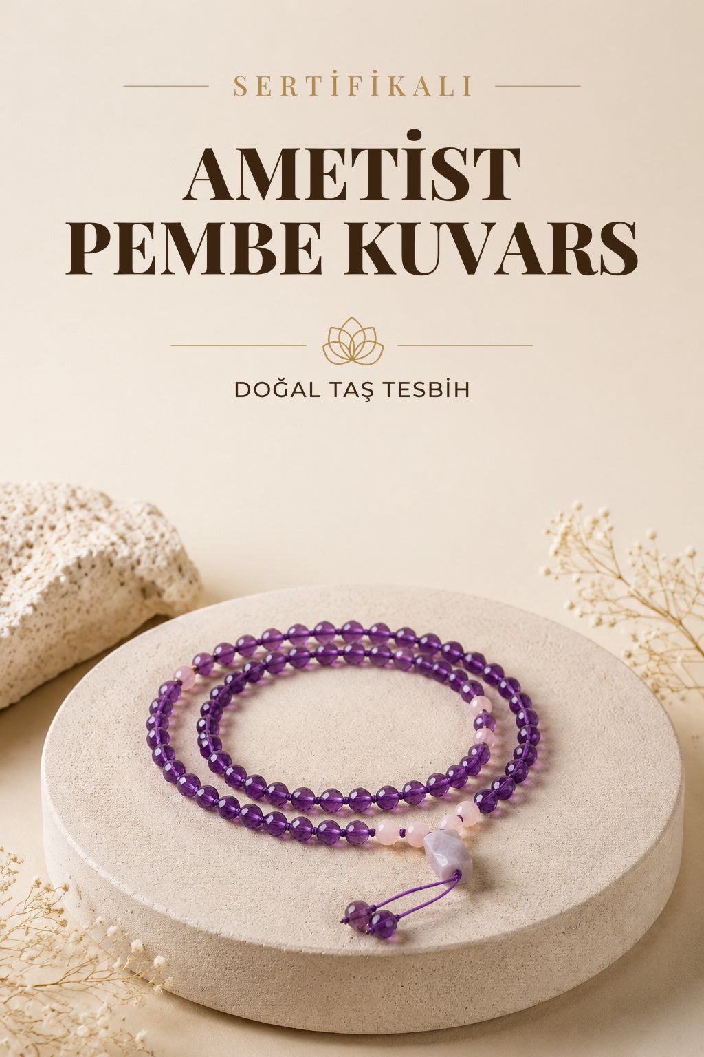 SERTİFİKALI Ametist-Pembe Kuvars Doğal Taş Tesbih Kolye ODT225