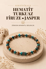 SERTİFİKALI Hematit-Turkuaz(Firuze)-Jasper Doğal Taş Zirkon Aparat Bileklik ODT214