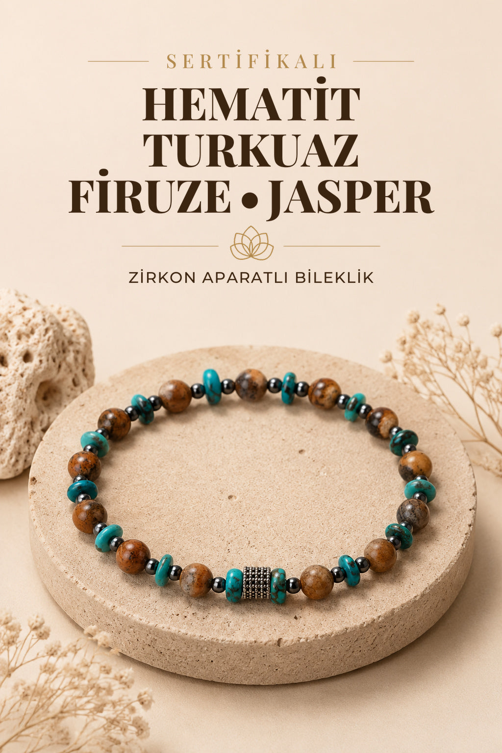 SERTİFİKALI Hematit-Turkuaz(Firuze)-Jasper Doğal Taş Zirkon Aparat Bileklik ODT214