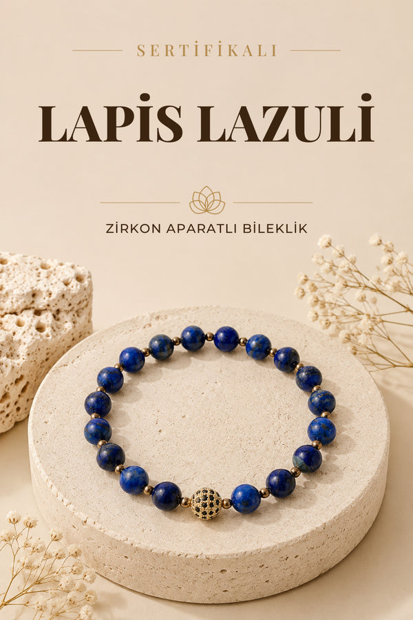 SERTİFİKALI Lapis Lazuli Doğal Taş Zirkon Aparat Bileklik ODT208