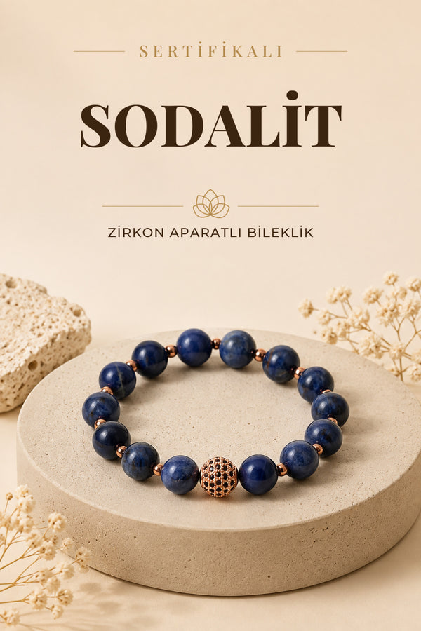 SERTİFİKALI Sodalit Doğal Taş Zirkon Aparat Bileklik ODT205