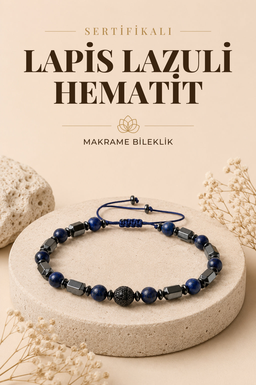SERTİFİKALI Lapis Lazuli-Hematit Doğal Taş Makrome Bileklik ODT220