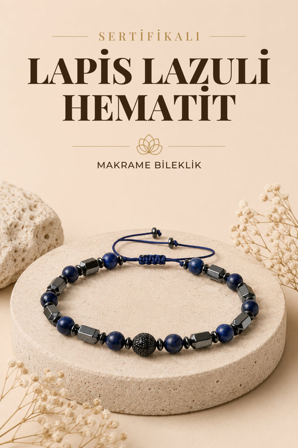 SERTİFİKALI Lapis Lazuli-Hematit Doğal Taş Makrome Bileklik ODT220