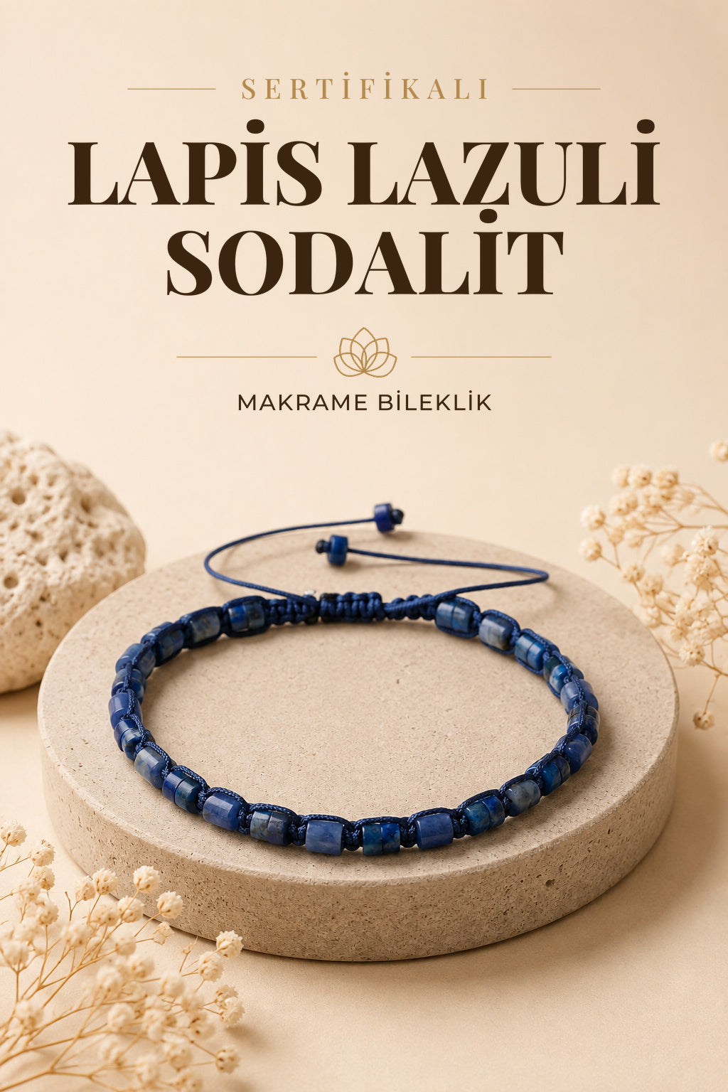 SERTİFİKALI Lapis Lazuli-Sodalit Doğal Taş Makrome Bileklik ODT224