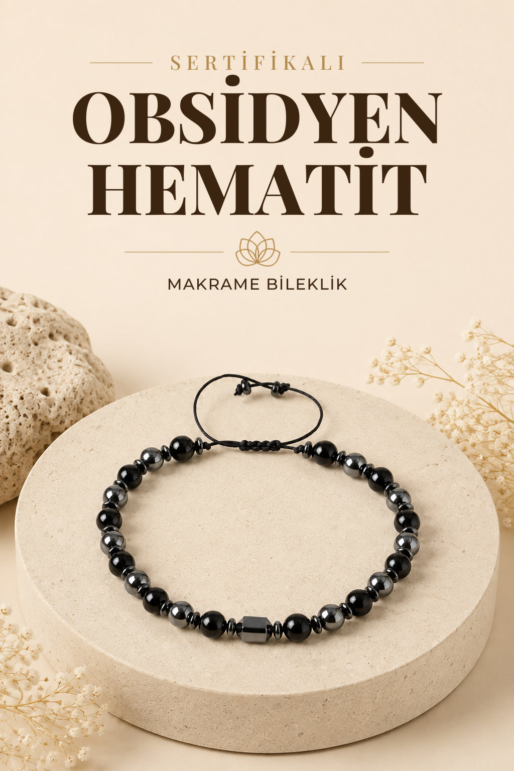 SERTİFİKALI Obsidyen-Hematit Doğal Taş Makrome Bileklik ODT218