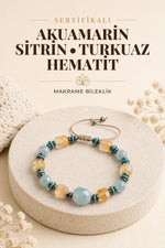 SERTİFİKALI Akuamarin-Sitrin-Turkuaz-Hematit Doğal Taş Makrome Bileklik ODT219