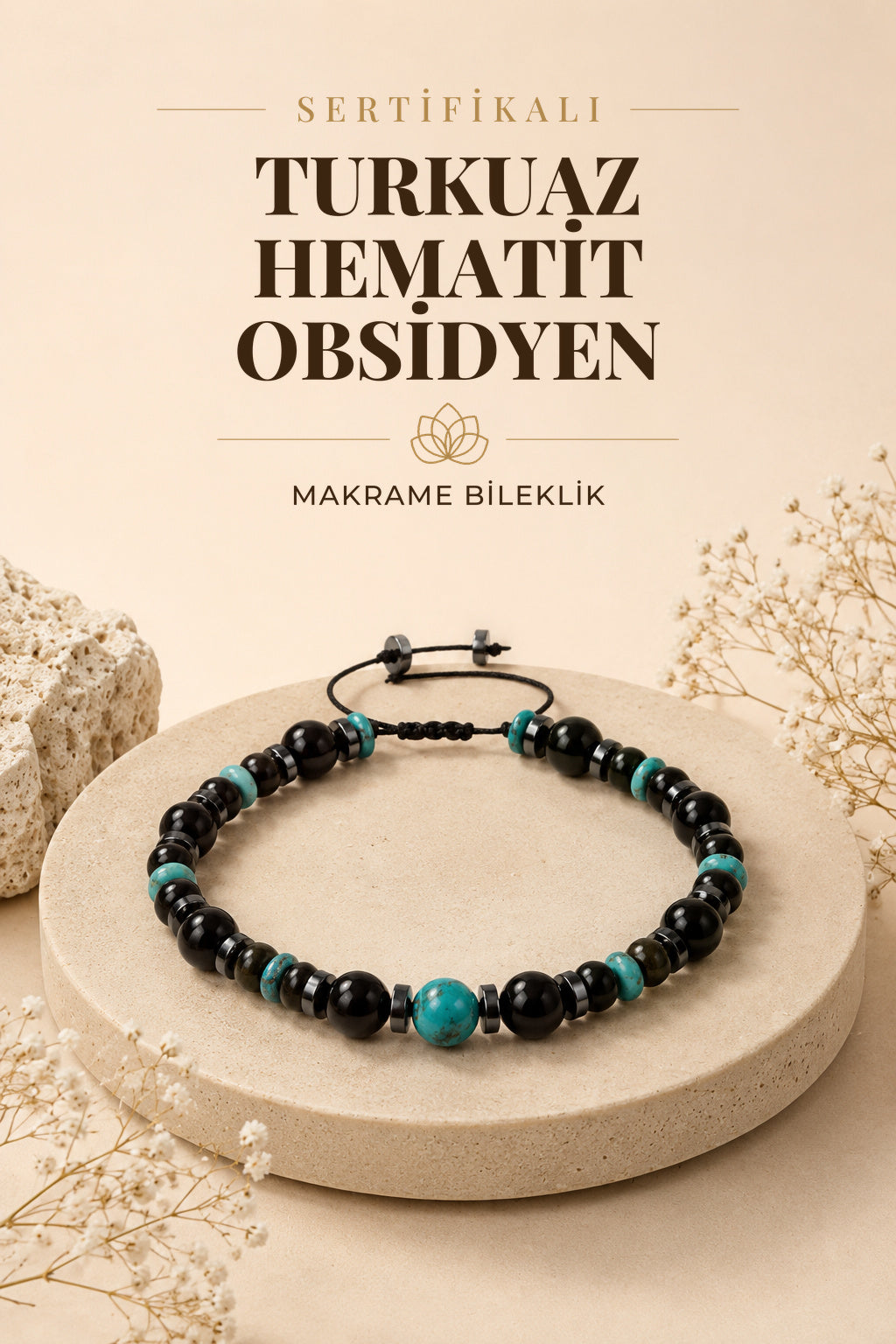 SERTİFİKALI Turkuaz-Hematit-Obsidyen Doğal Taş Makrome Bileklik ODT200