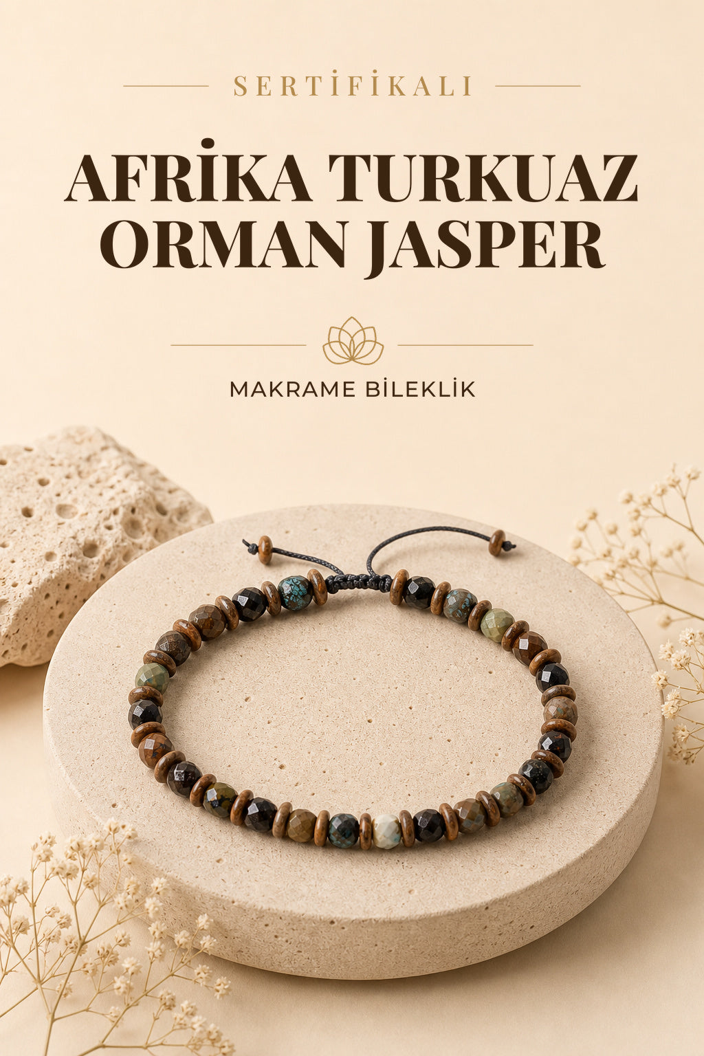 SERTİFİKALI Afrika Turkuaz-Orman Jasper Doğal Taş Makrome Bileklik ODT196