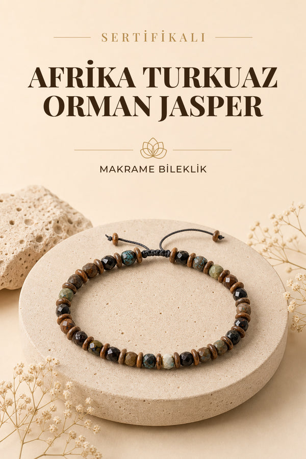 SERTİFİKALI Afrika Turkuaz-Orman Jasper Doğal Taş Makrome Bileklik ODT196
