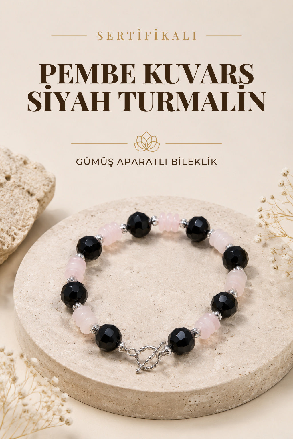 SERTİFİKALI Pembe Kuvars-Siyah Turmalin Doğal Taş Gümüş Aparat Bileklik ODT194