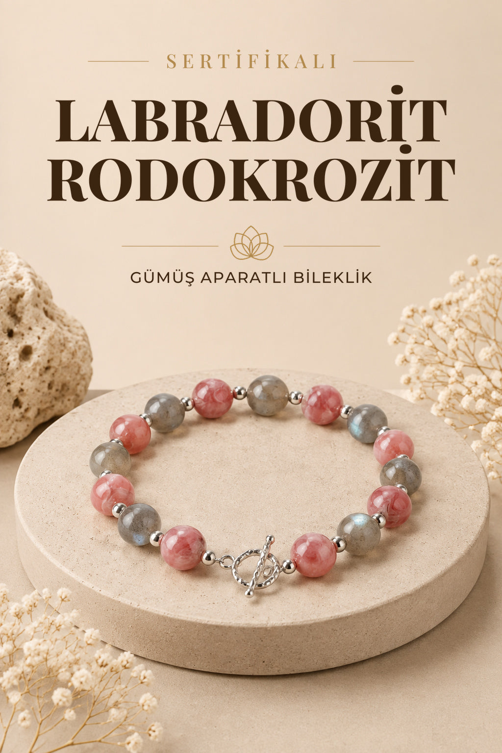 SERTİFİKALI Labradorit-Rodokrosit Doğal Taş Gümüş Aparat Bileklik ODT190