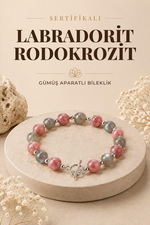 SERTİFİKALI Labradorit-Rodokrosit Doğal Taş Gümüş Aparat Bileklik ODT190