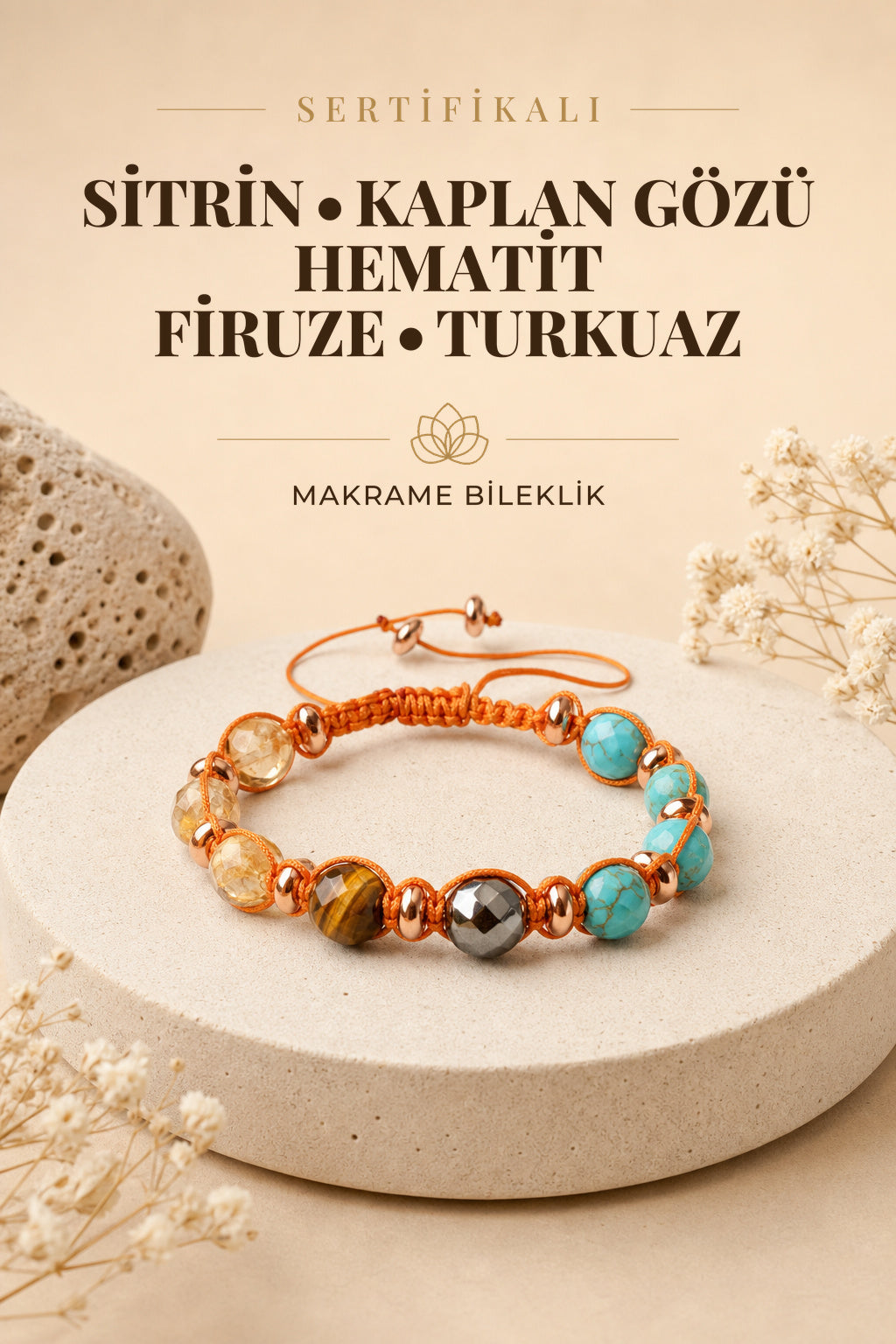 SERTİFİKALI Sitrin-Kaplan Gözü-Hematit-Firuze(Turkuaz) Doğal Taş Makrome Bileklik ODT191